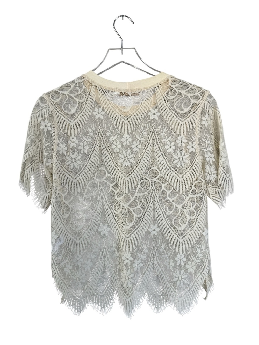 Bishop + Young Sheer Lace Blouse | Ivory Floral Lace | Scalloped Hem | Size Med - Picture 2 of 5